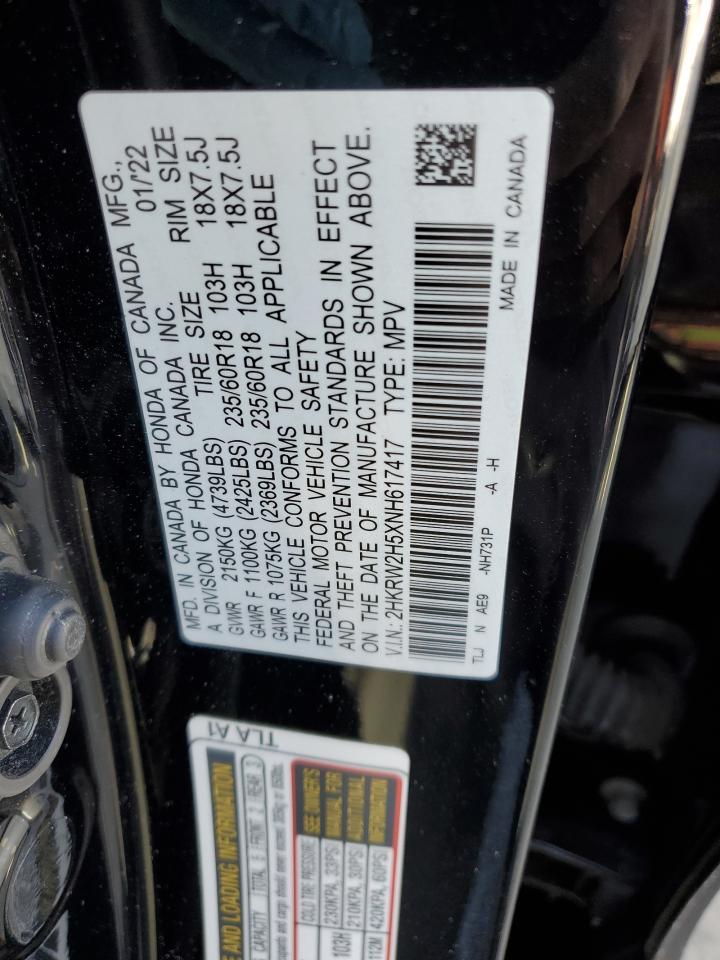 2022 Honda CR-V VIN 2HKRW2H5XNH617417 Copart auction photo, front end / minor dent/scratches damage thumbnail 13