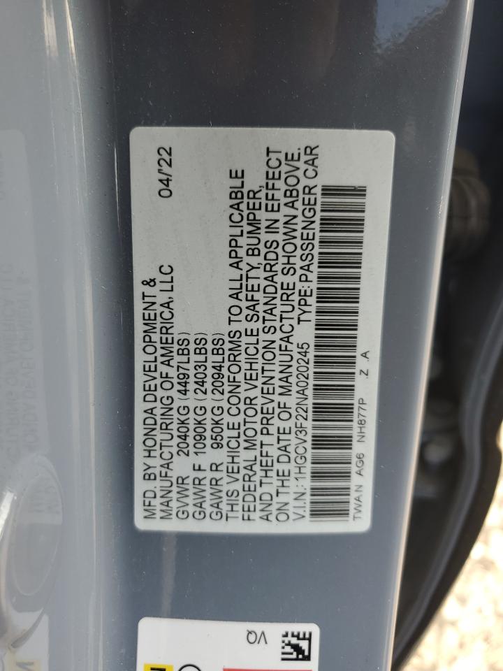 2022 Honda Accord VIN 1HGCV3F22NA020245 Copart auction photo, front end / side damage thumbnail 12