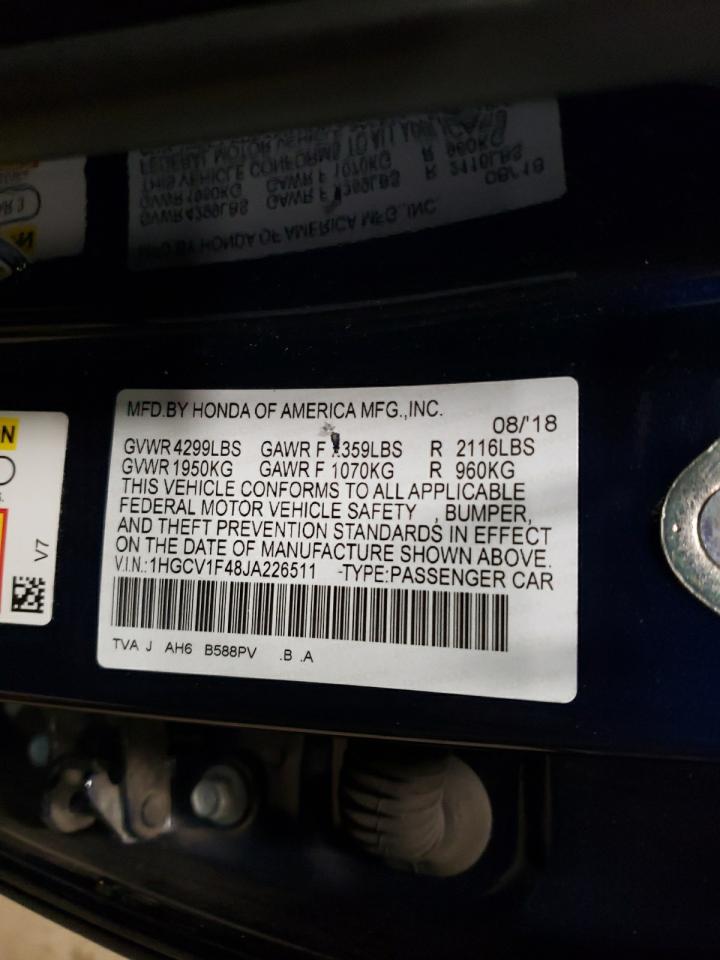 2018 Honda Accord VIN 1HGCV1F48JA226511 Copart auction photo, front end / top/roof damage thumbnail 12