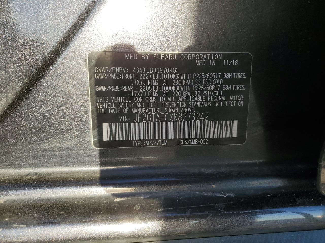 2019 Subaru XV VIN JF2GTAECXK8273242 Copart auction photo, front end damage thumbnail 15