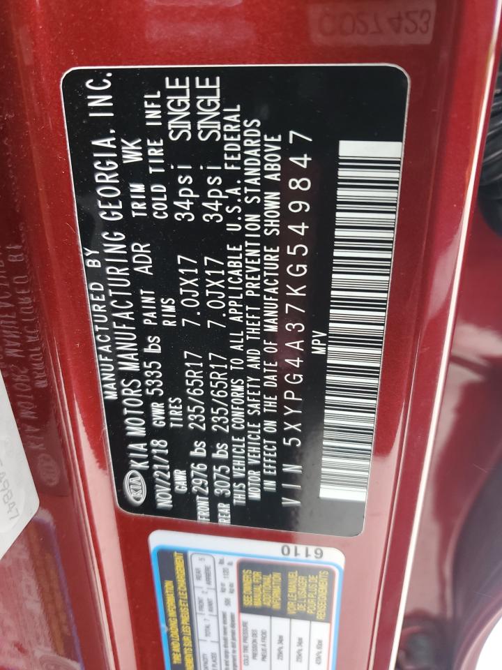 2019 KIA Sorento VIN 5XYPG4A37KG549847 Copart auction photo, front end / minor dent/scratches damage thumbnail 13