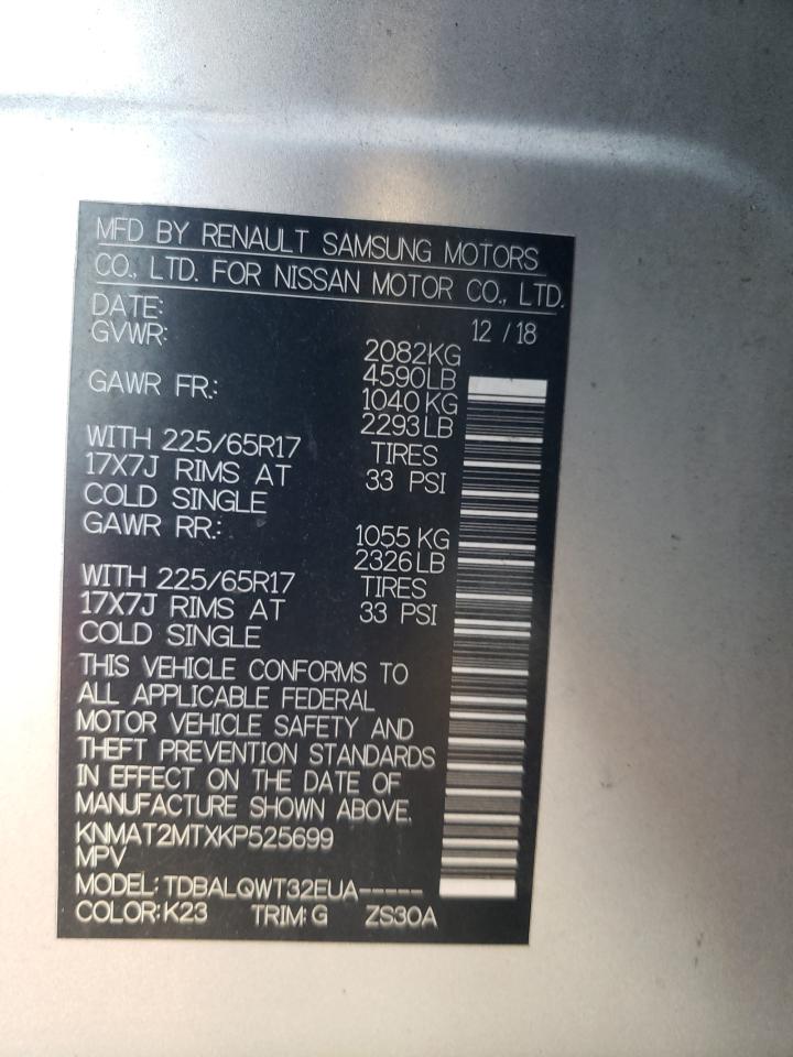 2019 Nissan Rogue VIN KNMAT2MTXKP525699 Copart auction photo, front end / side damage thumbnail 12