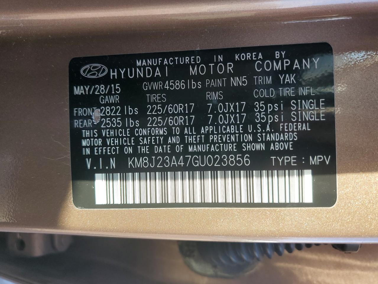 2016 Hyundai Tucson VIN KM8J23A47GU023856 Copart auction photo, front end / side damage thumbnail 14