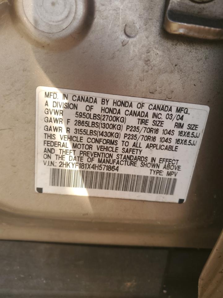 2004 Honda Pilot VIN 2HKYF181X4H571864 Copart auction photo, rear end damage thumbnail 13