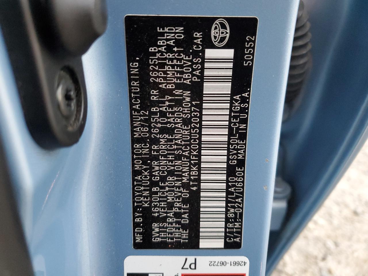 2012 Toyota Camry VIN 4T1BK1FK0CU520371 Copart auction photo, rear end damage thumbnail 14