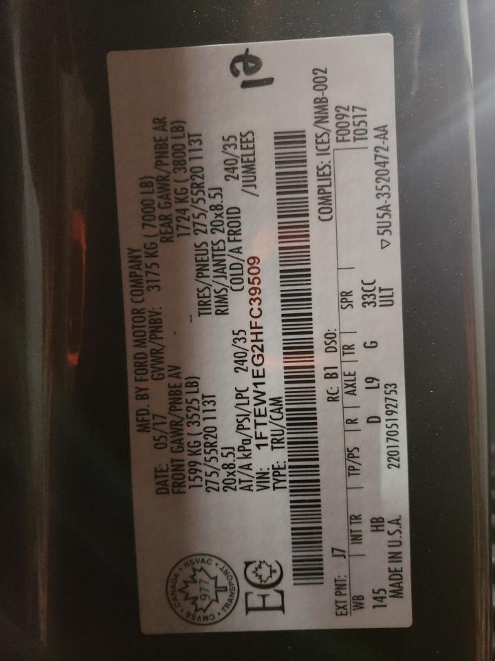 2017 Ford F-150 VIN 1FTEW1EG2HFC39509 Copart auction photo, rear end / minor dent/scratches damage thumbnail 12