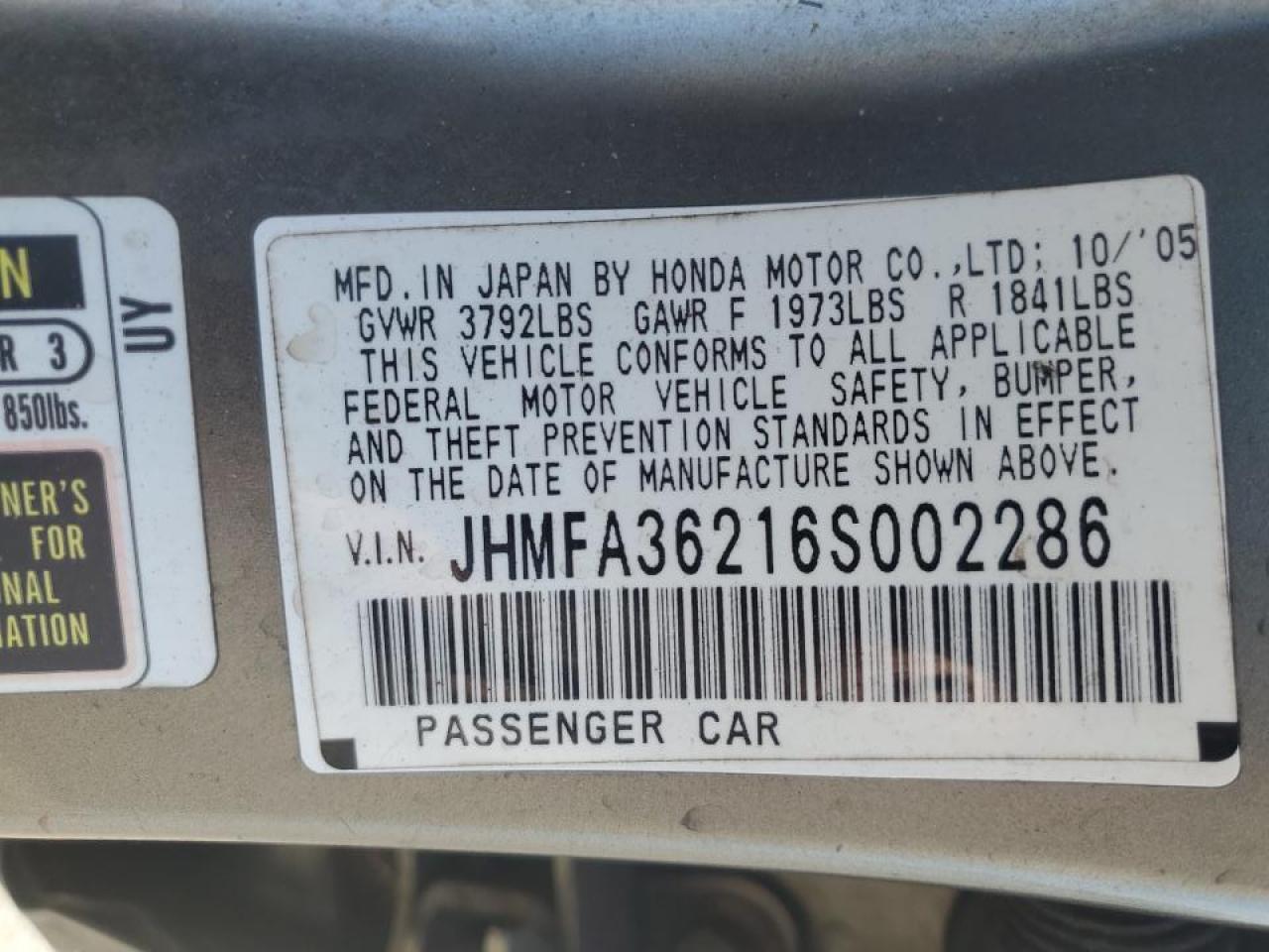 2006 Honda Civic VIN JHMFA36216S002286 Copart auction photo, front end damage thumbnail 12