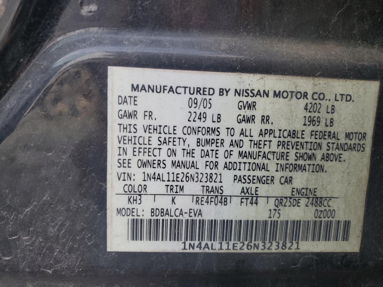 2006 Nissan Altima VIN 1N4AL11E26N323821 Copart auction photo, all over damage thumbnail 12