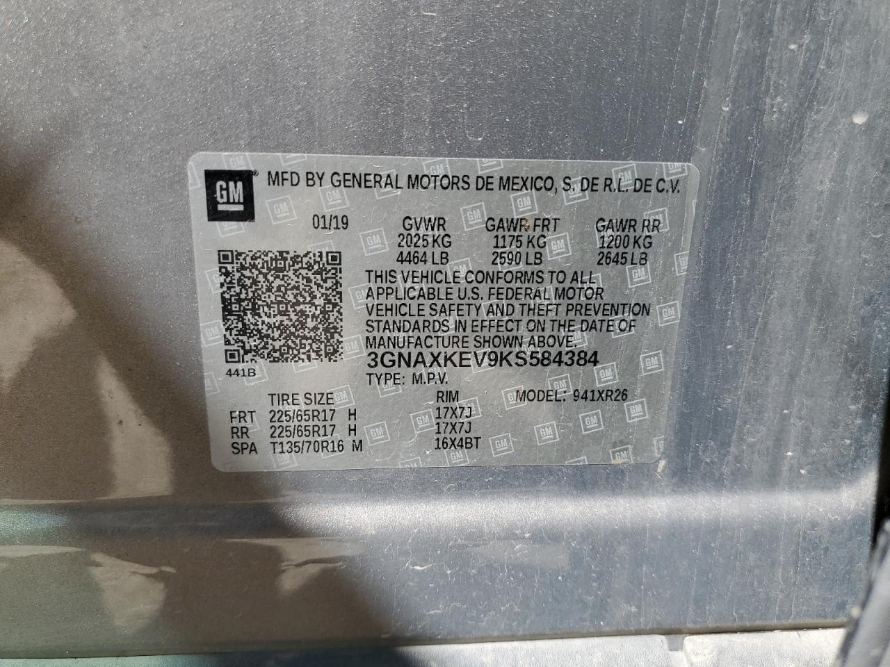 2019 Chevrolet Equinox VIN 3GNAXKEV9KS584384 Copart auction photo, rear end damage thumbnail 13