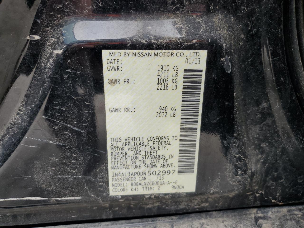 2013 Nissan Altima VIN 1N4AL3AP0DN502997 Copart auction photo, all over damage thumbnail 12