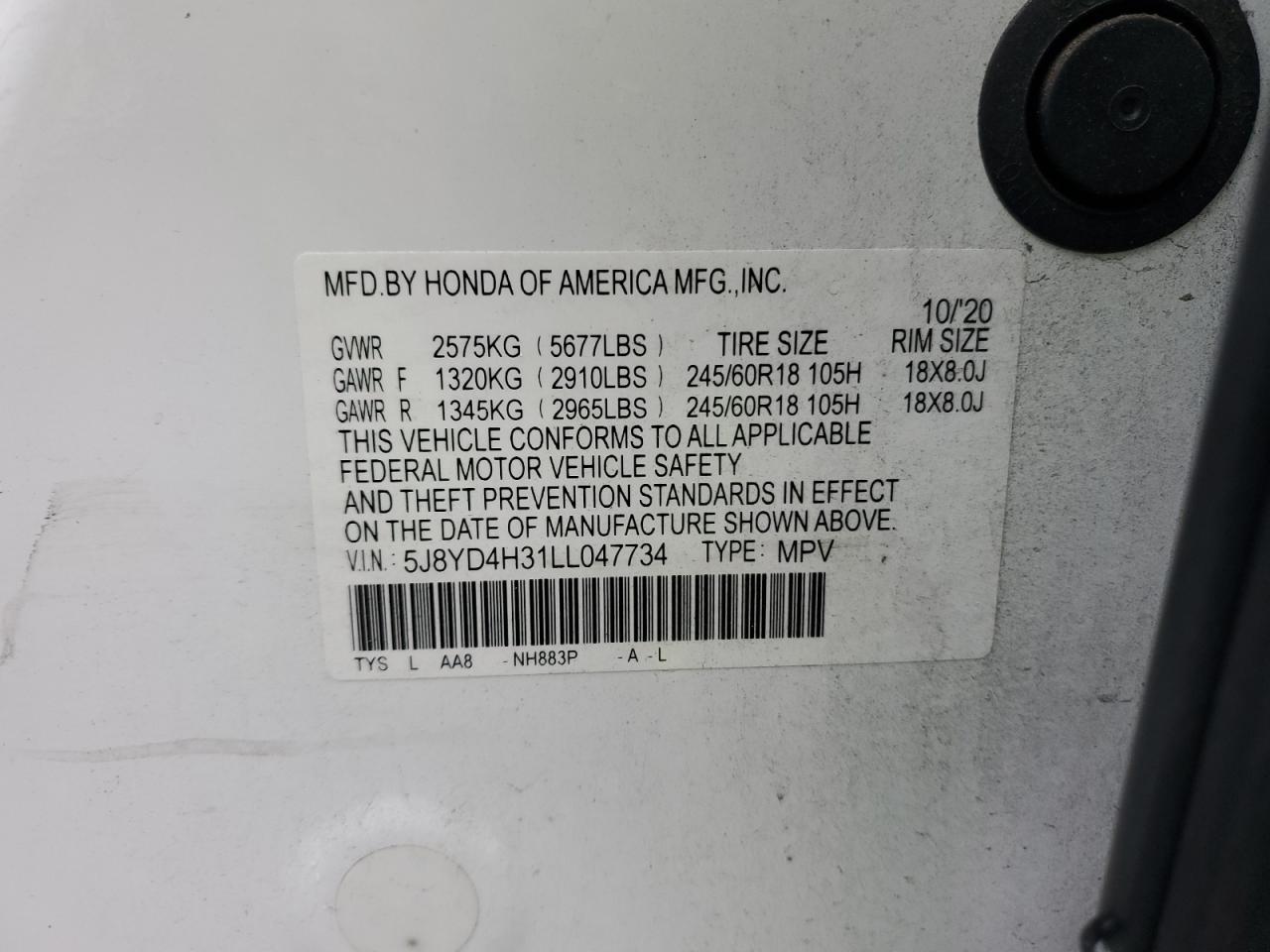 2020 Acura MDX VIN 5J8YD4H31LL047734 Copart auction photo, front end / side damage thumbnail 14