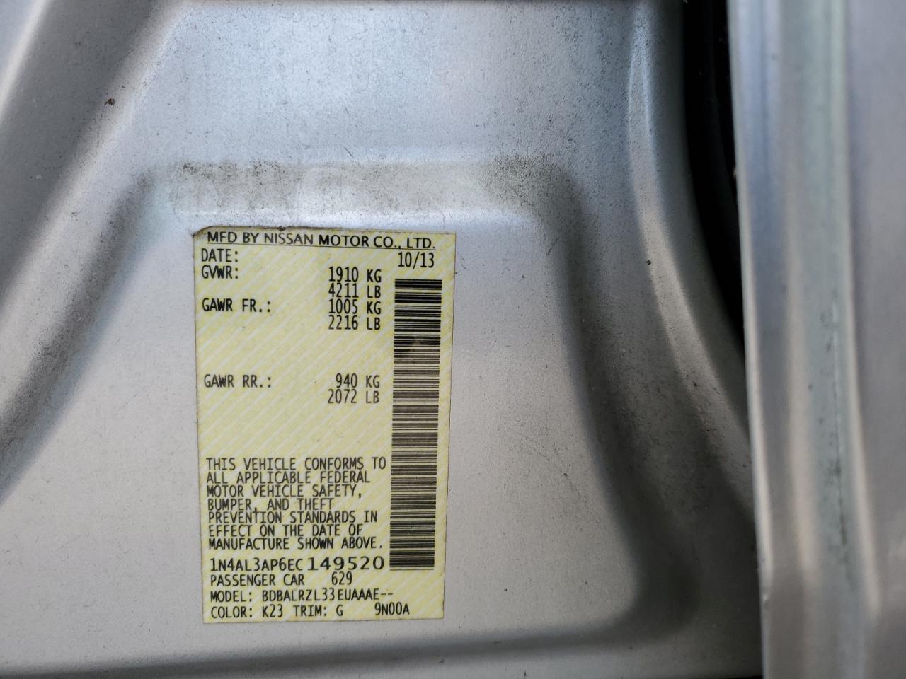 2014 Nissan Altima VIN 1N4AL3AP6EC149520 Copart auction photo, rear end / front end damage thumbnail 12
