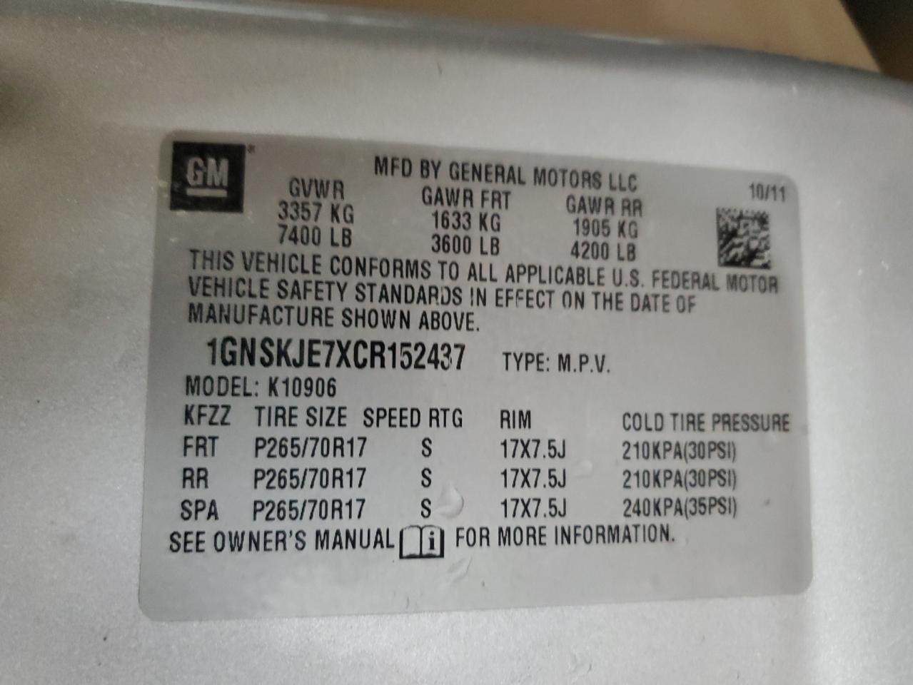 2012 Chevrolet Suburban VIN 1GNSKJE7XCR152437 Copart auction photo, front end damage thumbnail 13
