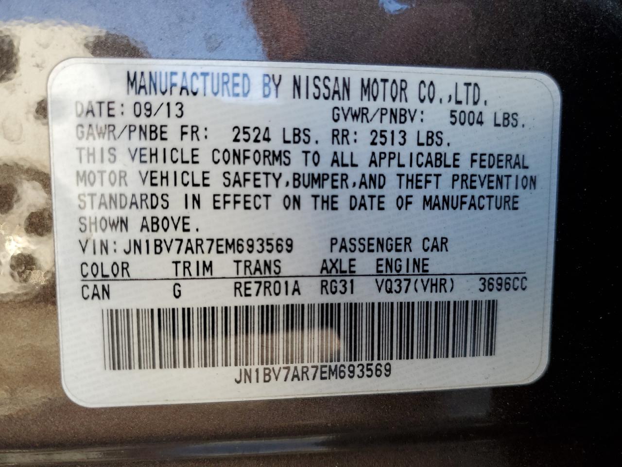 2014 Infiniti Q50 VIN JN1BV7AR7EM693569 Copart auction photo, front end / minor dent/scratches damage thumbnail 13