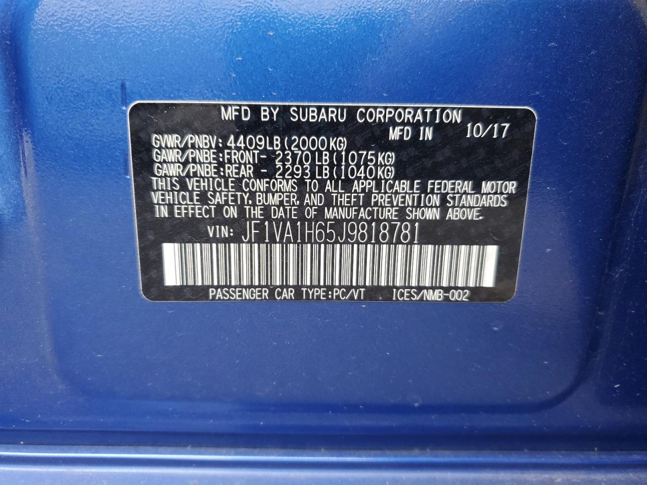 2018 Subaru WRX VIN JF1VA1H65J9818781 Copart auction photo, front end / minor dent/scratches damage thumbnail 13