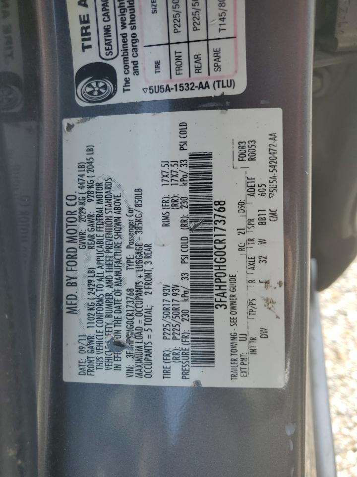 2012 Ford Fusion VIN 3FAHP0HG0CR173768 Copart auction photo, side damage thumbnail 12