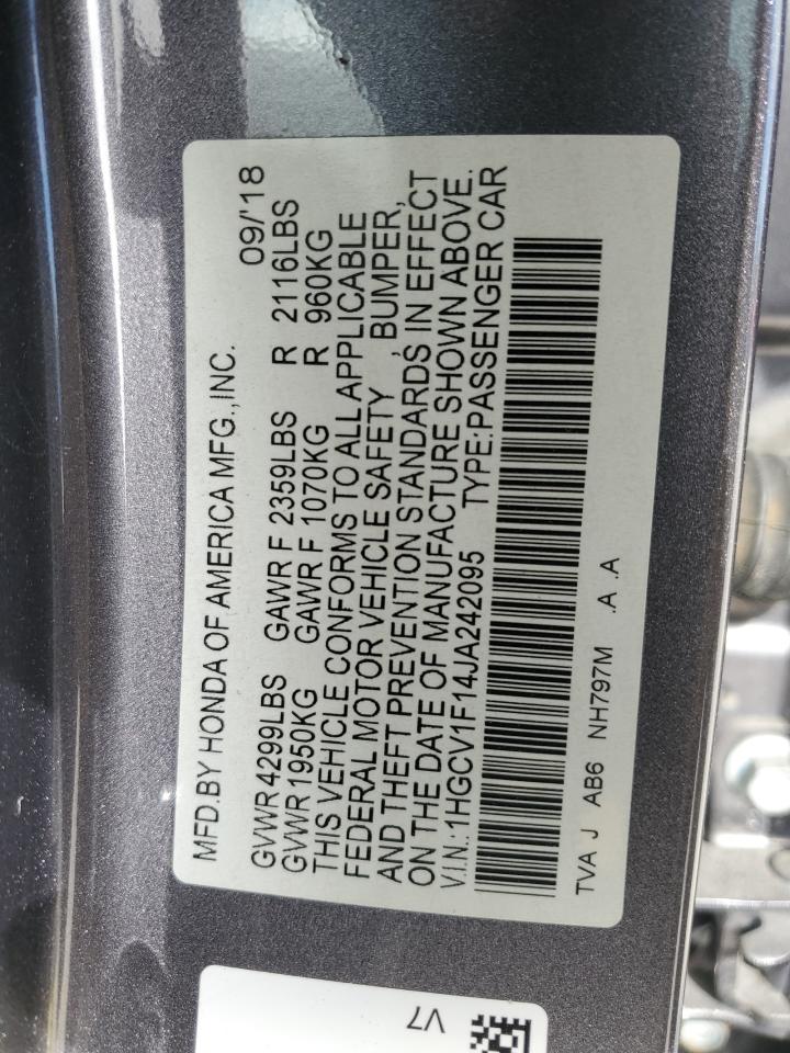 2018 Honda Accord VIN 1HGCV1F14JA242095 Copart auction photo, front end / hail damage thumbnail 13