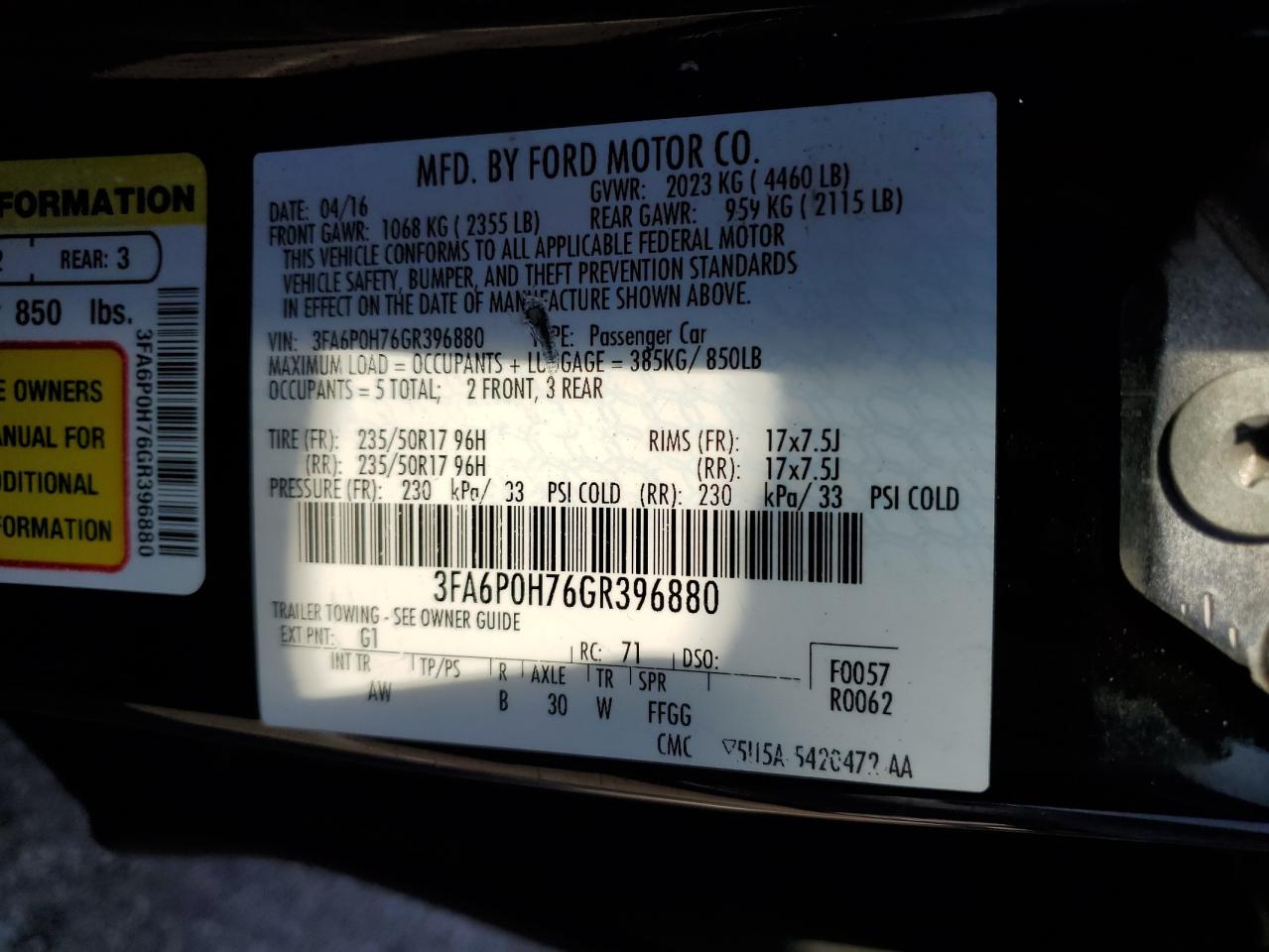 2016 Ford Fusion VIN 3FA6P0H76GR396880 Copart auction photo, rear end damage thumbnail 12