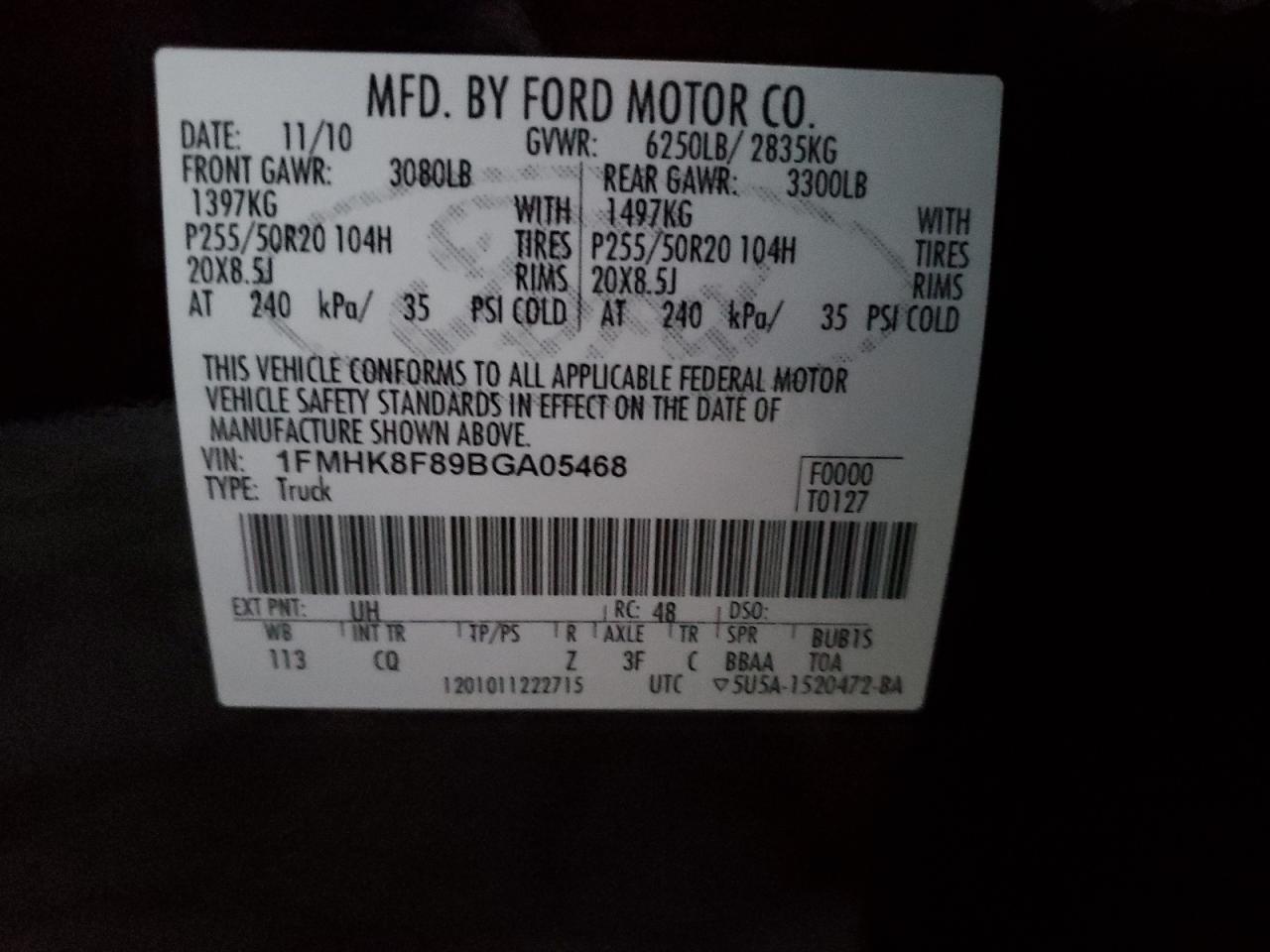 2011 Ford Explorer VIN 1FMHK8F89BGA05468 Copart auction photo, all over / minor dent/scratches damage thumbnail 15
