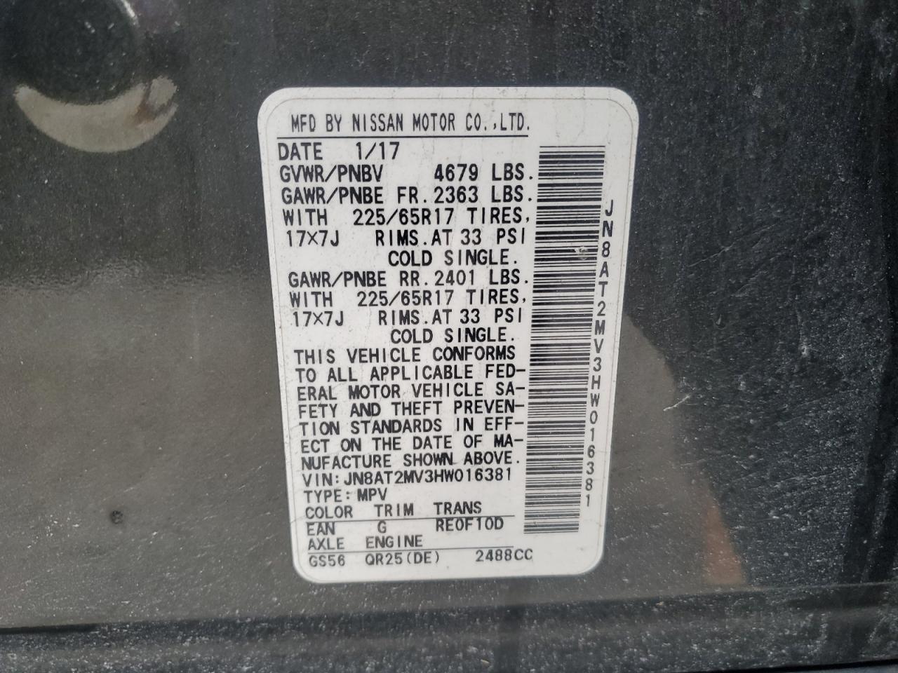 2017 Nissan Rogue VIN JN8AT2MV3HW016381 Copart auction photo, front end / side damage thumbnail 12