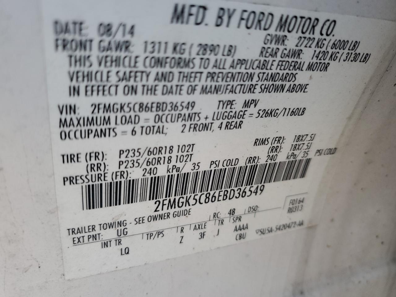 2014 Ford Flex VIN 2FMGK5C86EBD36549 Copart auction photo, front end damage thumbnail 12