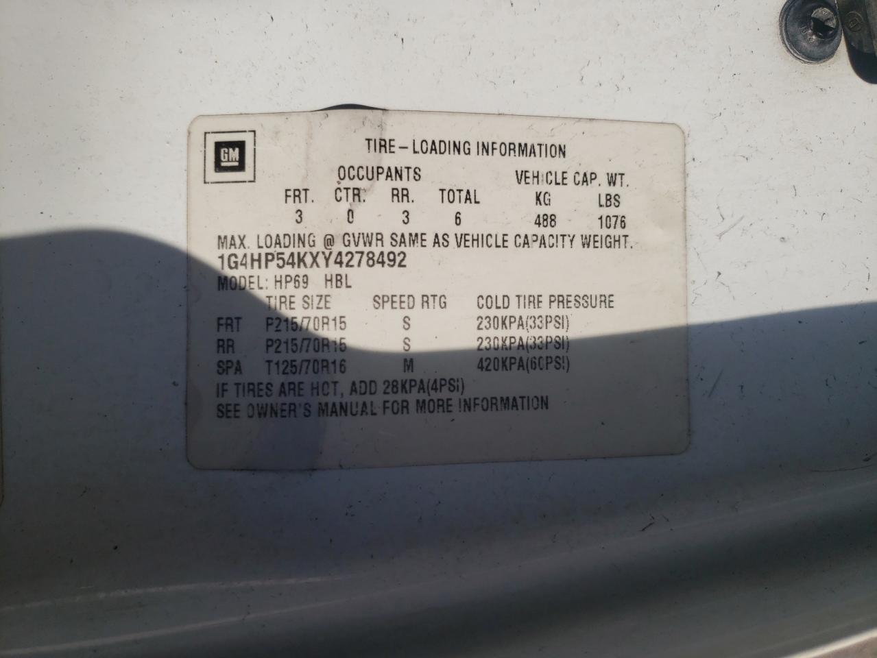 2000 Buick LeSabre VIN 1G4HP54KXY4278492 Copart auction photo, top/roof / rear end damage thumbnail 14