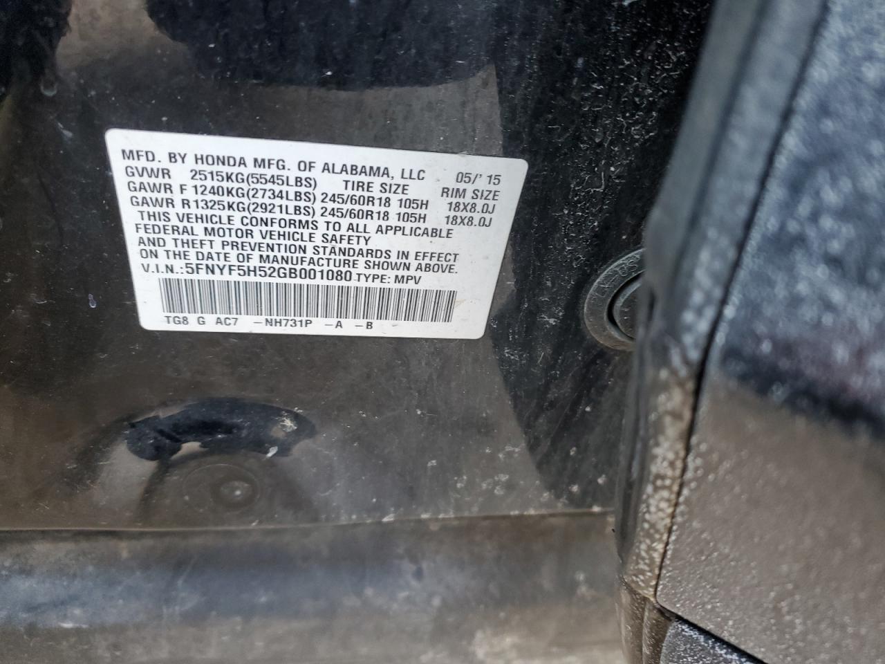 2016 Honda Pilot VIN 5FNYF5H52GB001080 Copart auction photo, front end damage thumbnail 14