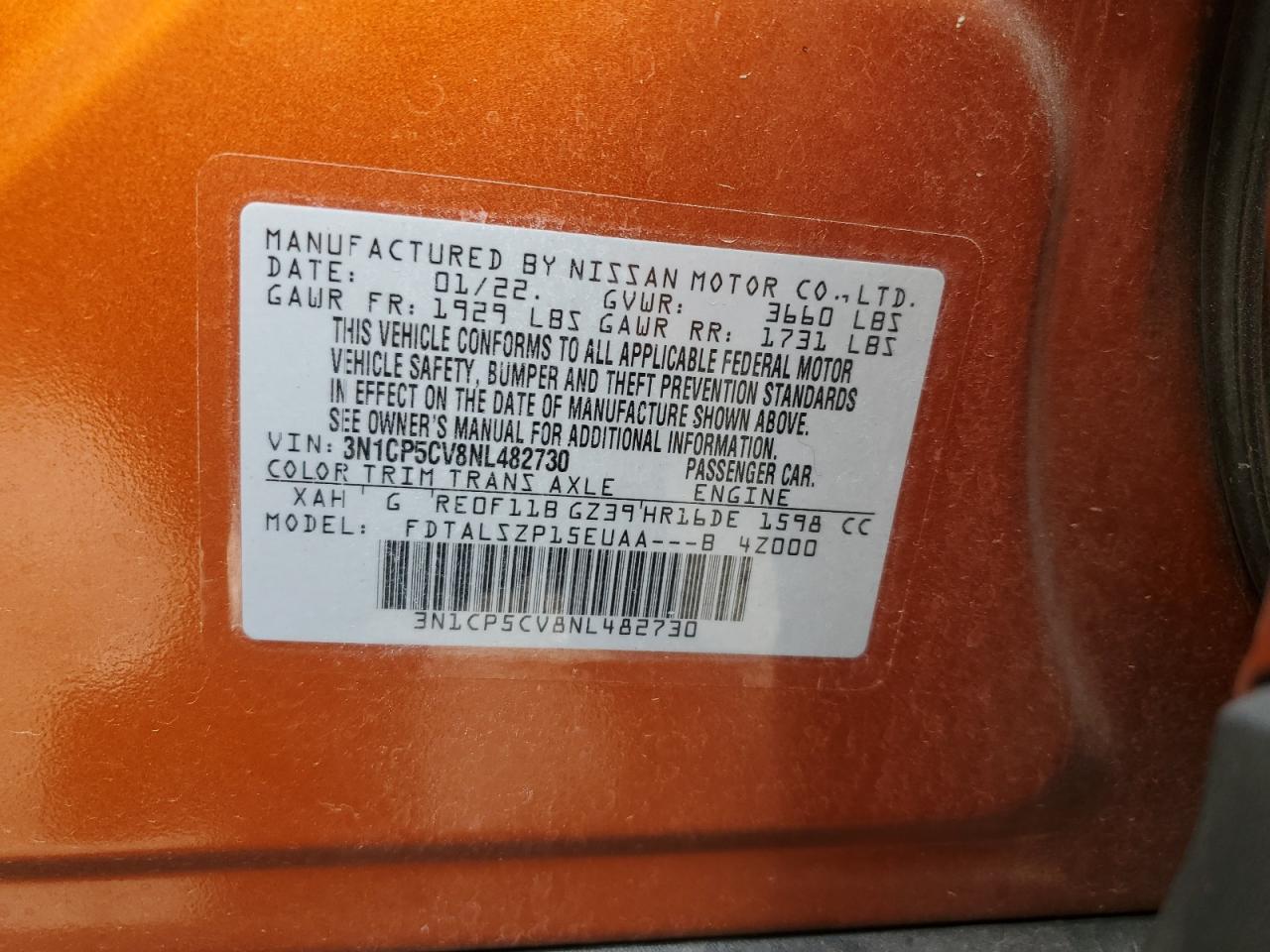 2022 Nissan Kicks VIN 3N1CP5CV8NL482730 Copart auction photo, side damage thumbnail 15