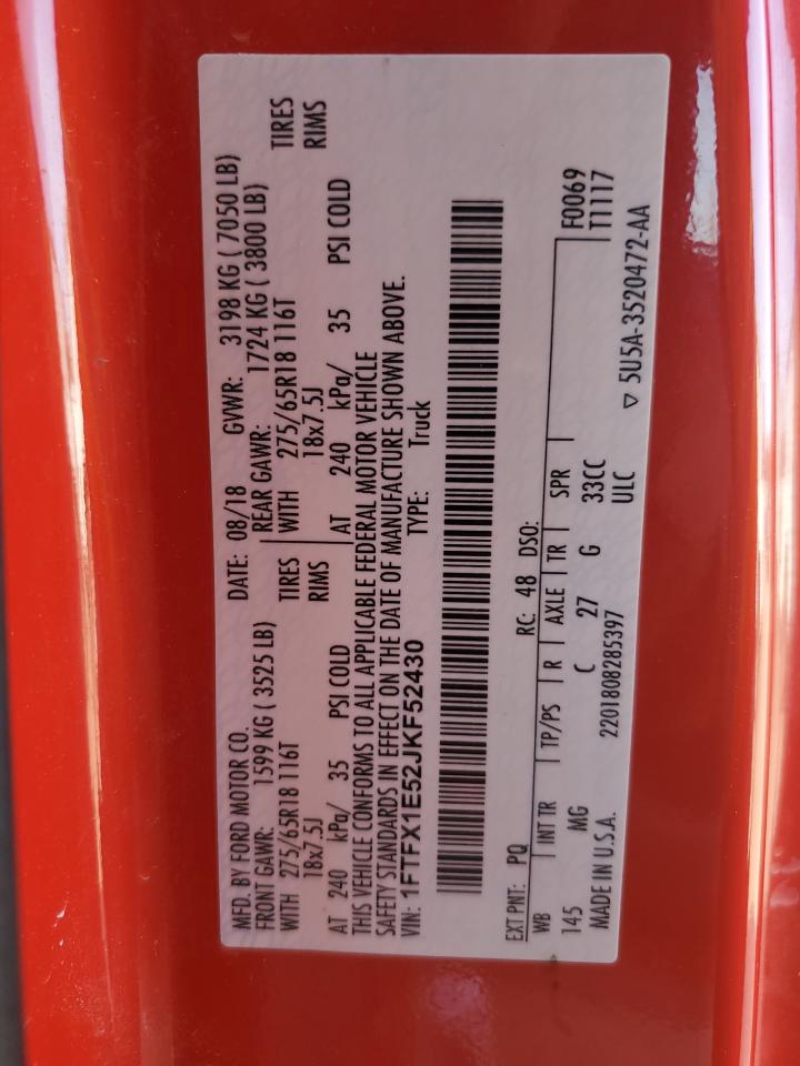 2018 Ford F-150 VIN 1FTFX1E52JKF52430 Copart auction photo, front end / side damage thumbnail 15