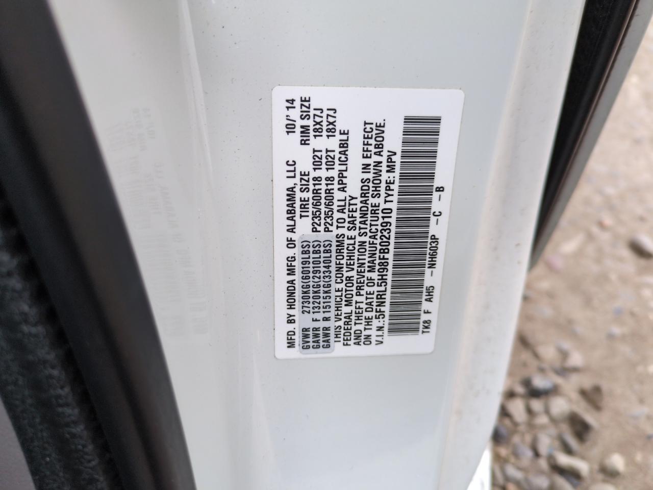 2015 Honda Odyssey VIN 5FNRL5H98FB023910 Copart auction photo, side damage thumbnail 14
