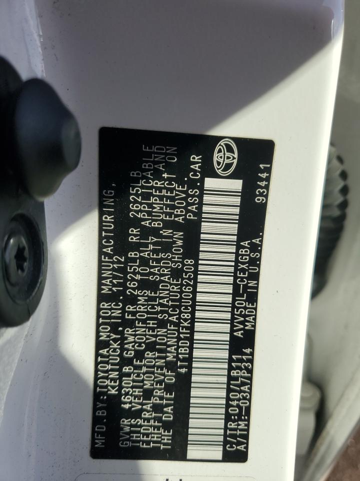 2012 Toyota Camry VIN 4T1BD1FK8CU062508 Copart auction photo, front end damage thumbnail 12