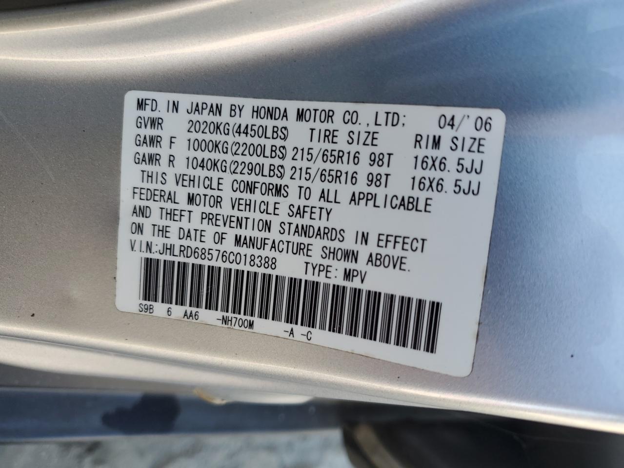 2006 Honda CR-V VIN JHLRD68576C018388 Copart auction photo, rear end / front end damage thumbnail 14