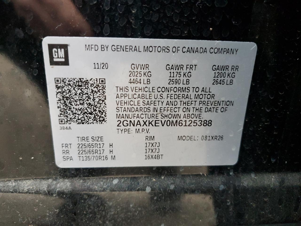 2021 Chevrolet Equinox VIN 2GNAXKEV0M6125388 Copart auction photo, front end damage thumbnail 15