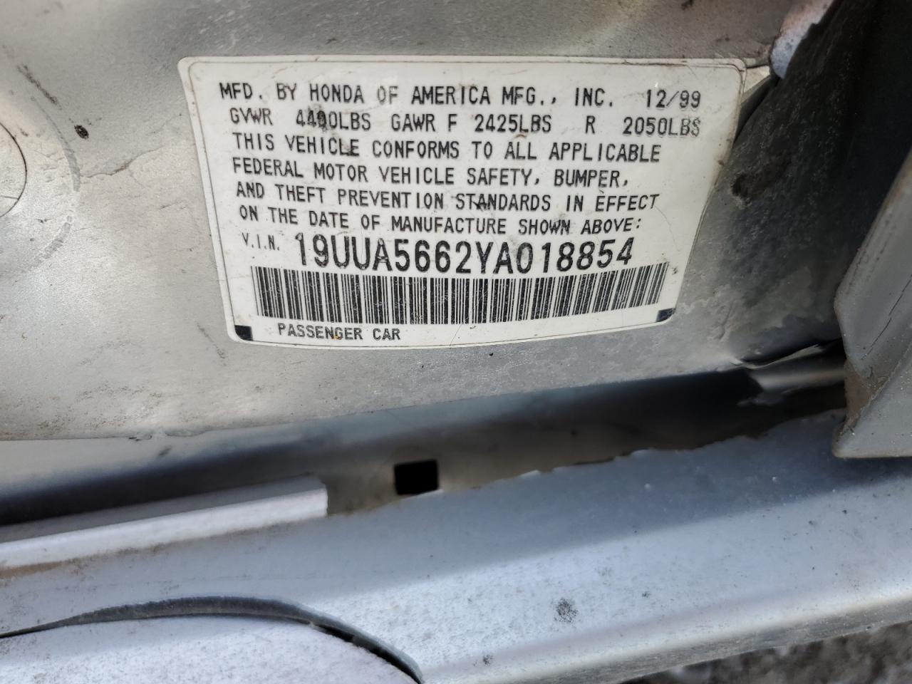 2000 Acura TL VIN 19UUA5662YA018854 Copart auction photo, all over damage thumbnail 14