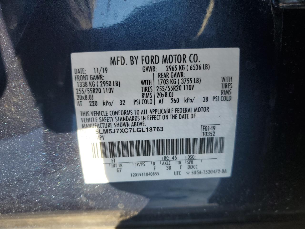 2020 Lincoln Aviator VIN 5LM5J7XC7LGL18763 Copart auction photo, front end damage thumbnail 14
