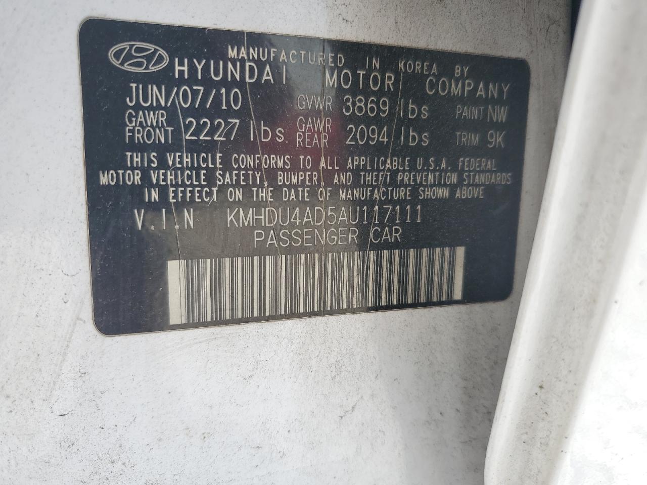 2010 Hyundai Elantra VIN KMHDU4AD5AU117111 Copart auction photo, front end damage thumbnail 14