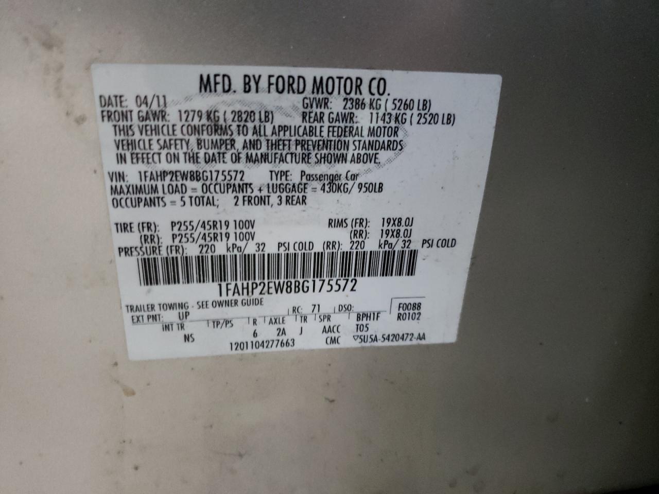 2011 Ford Taurus VIN 1FAHP2EW8BG175572 Copart auction photo, front end / minor dent/scratches damage thumbnail 12