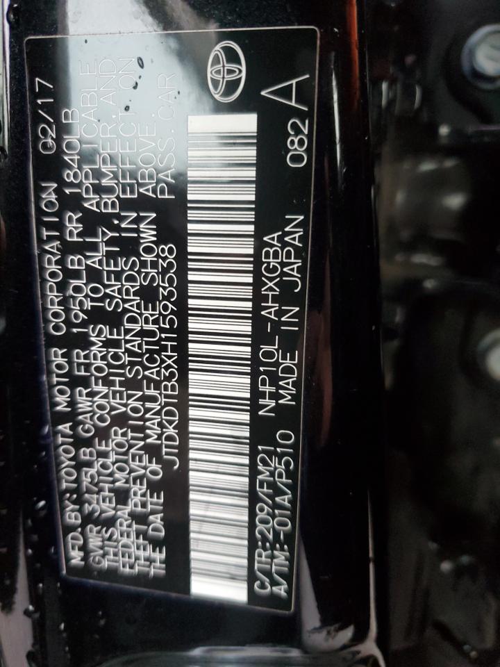 2017 Toyota Prius VIN JTDKDTB3XH1593538 Copart auction photo, front end damage thumbnail 15