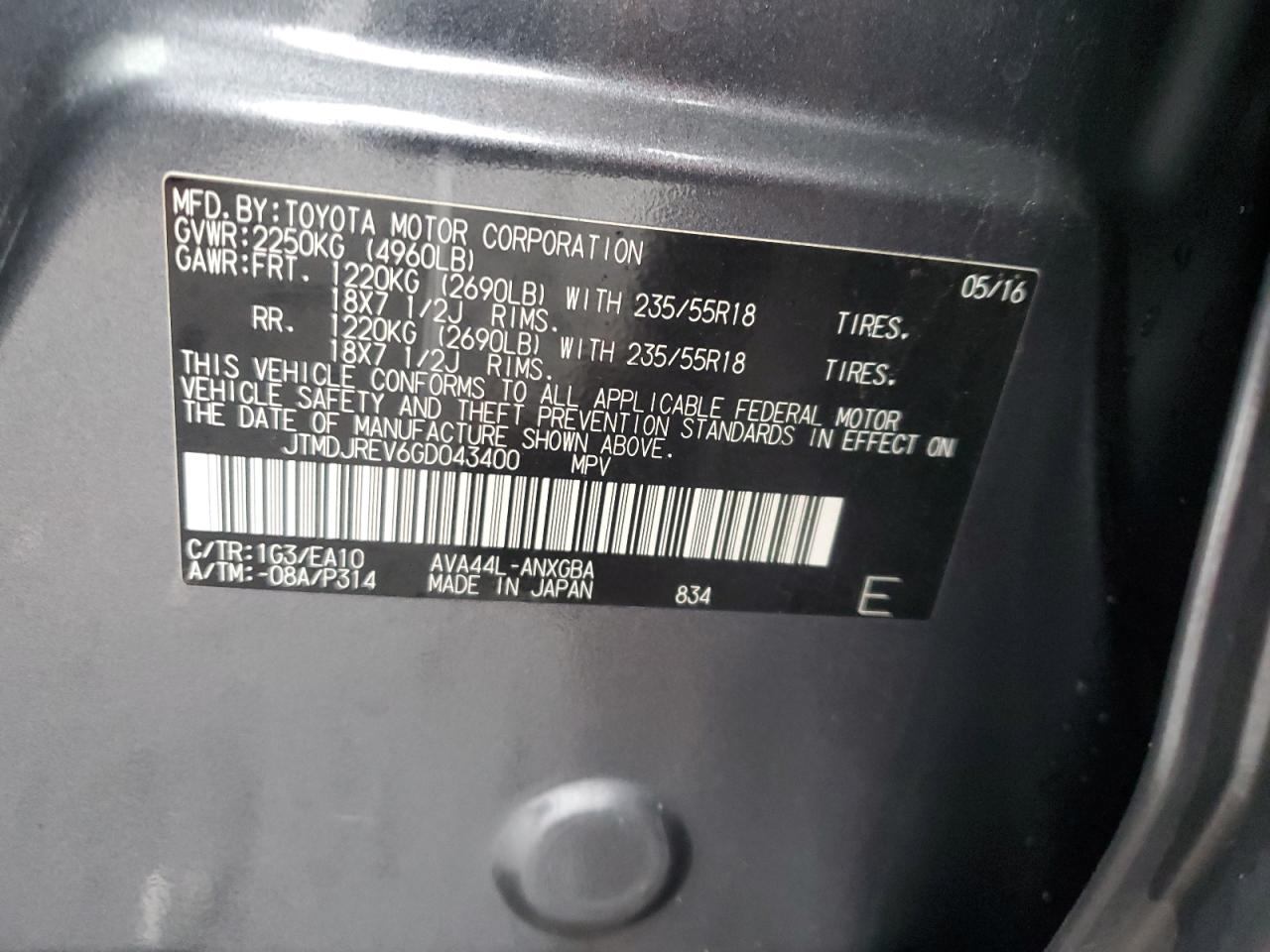 2016 Toyota RAV 4 VIN JTMDJREV6GD043400 Copart auction photo, front end / undercarriage damage thumbnail 13