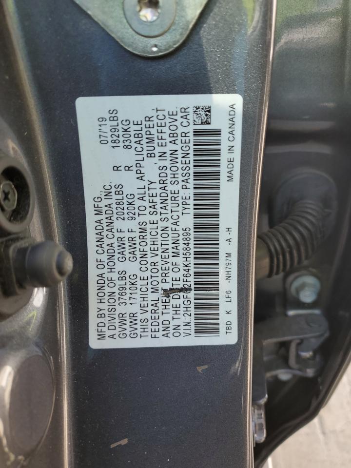 2019 Honda Civic VIN 2HGFC2F64KH584895 Copart auction photo, front end damage thumbnail 12