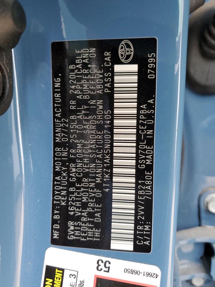 2022 Toyota Camry VIN 4T1KZ1AK5NU071405 Copart auction photo, all over damage thumbnail 12