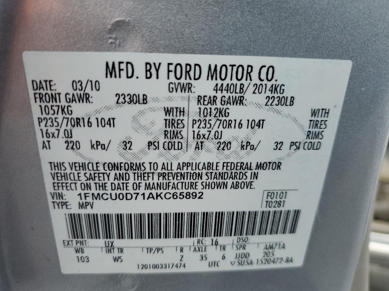2010 Ford Escape VIN 1FMCU0D71AKC65892 Copart auction photo, front end damage thumbnail 14