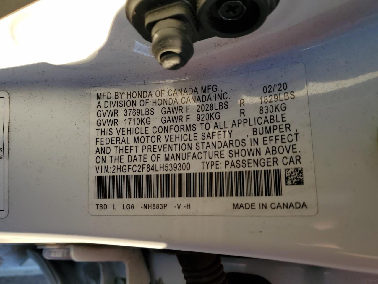 2020 Honda Civic VIN 2HGFC2F84LH539300 Copart auction photo, all over damage thumbnail 14