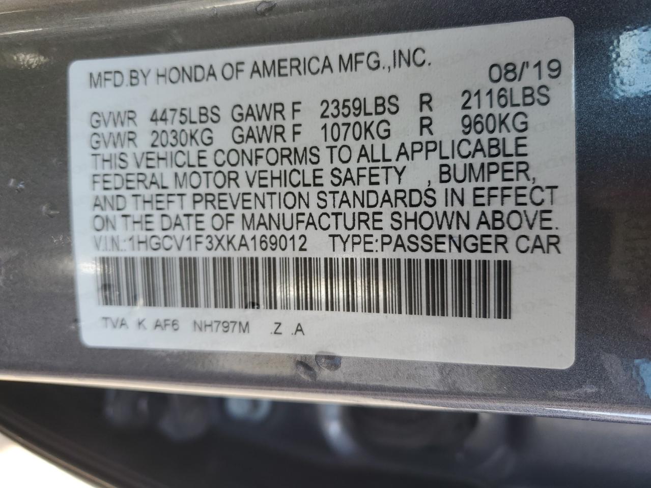 2019 Honda Accord VIN 1HGCV1F3XKA169012 Copart auction photo, side / front end damage thumbnail 13