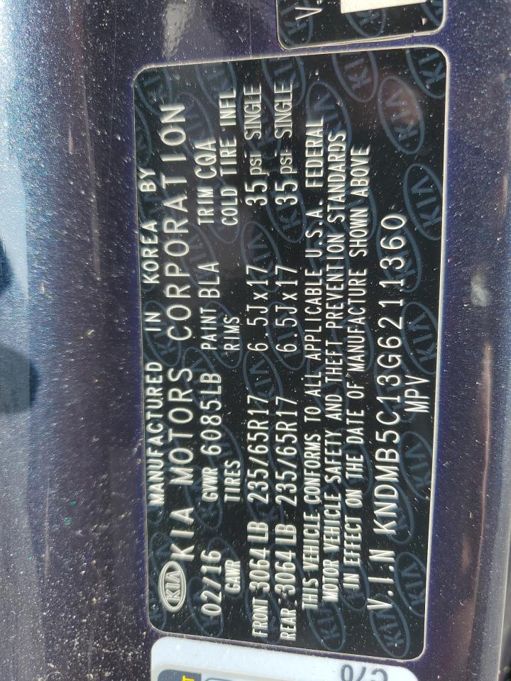 2016 KIA Sedona VIN KNDMB5C13G6211360 Copart auction photo, top/roof damage thumbnail 13