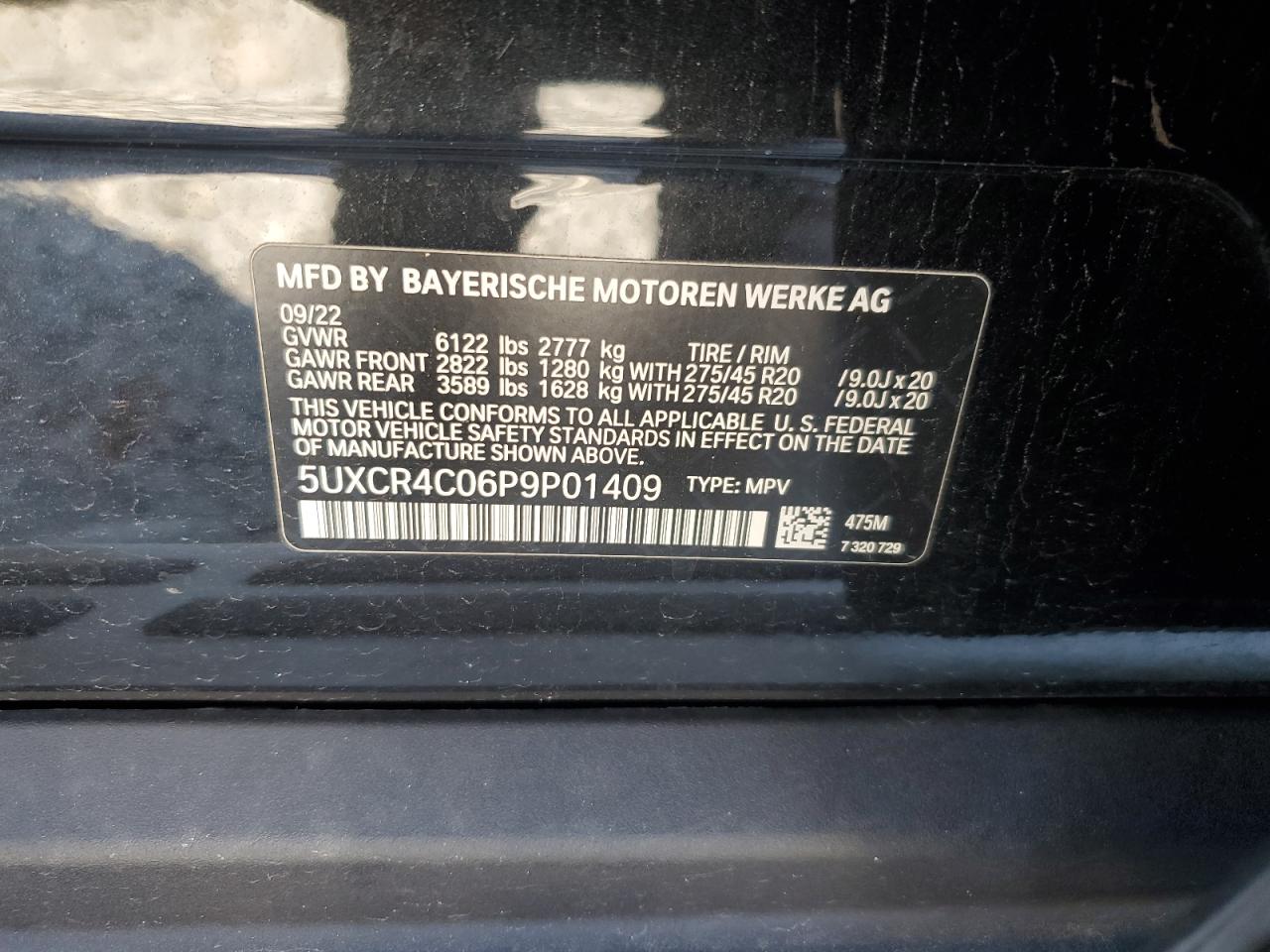 2023 BMW X5 VIN 5UXCR4C06P9P01409 Copart auction photo, rear end / side damage thumbnail 13