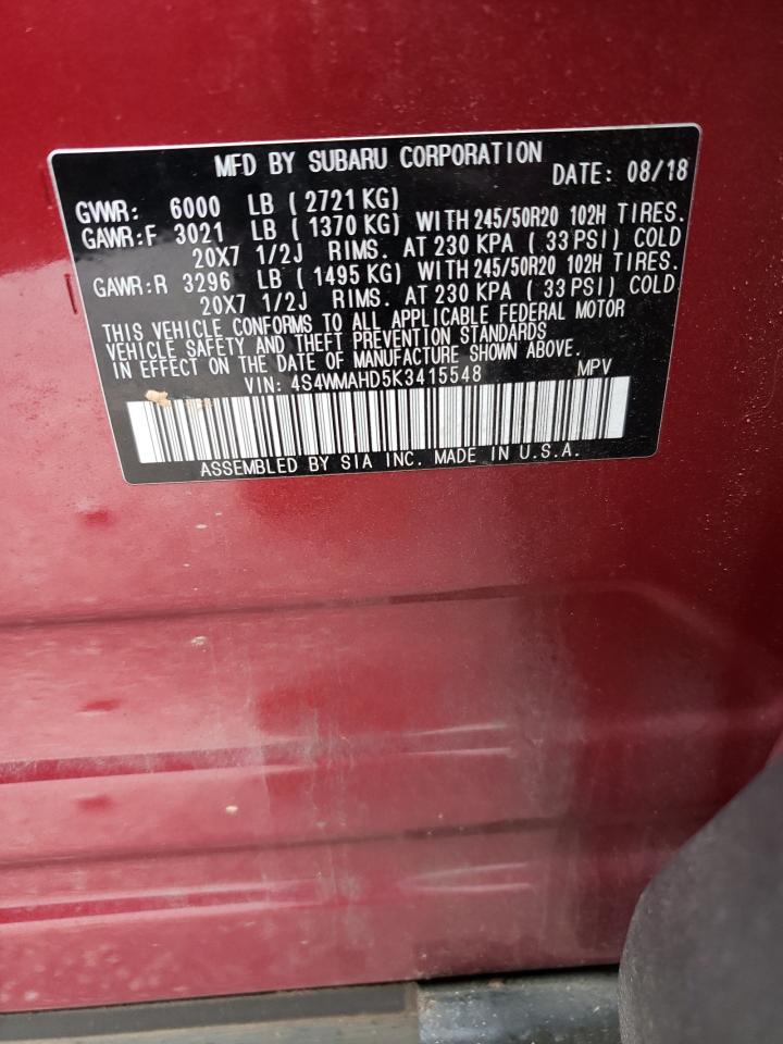 2019 Subaru Ascent VIN 4S4WMAHD5K3415548 Copart auction photo, rear end damage thumbnail 15