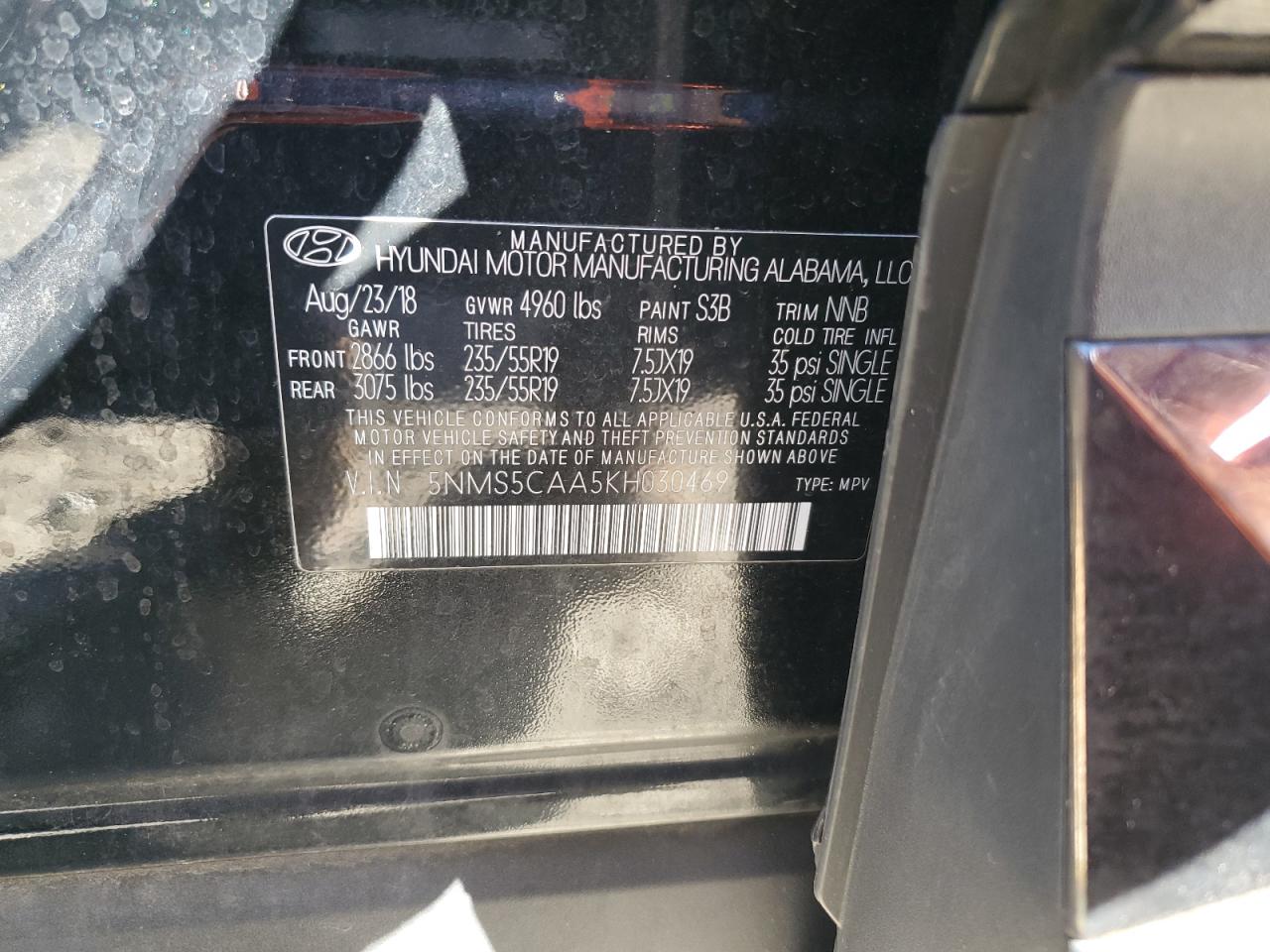 2019 Hyundai Santa Fe VIN 5NMS5CAA5KH030469 Copart auction photo, biohazard/chemical damage thumbnail 10