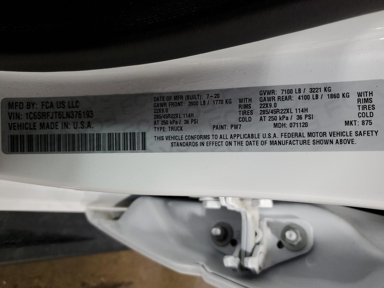 2020 RAM 1500 VIN 1C6SRFJT6LN376193 Copart auction photo, front end / rear end damage thumbnail 15
