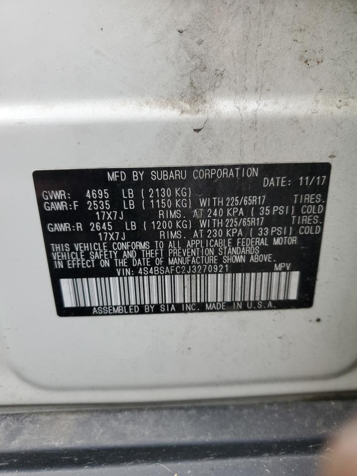 2018 Subaru Outback VIN 4S4BSAFC2J3270921 Copart auction photo, front end / side damage thumbnail 13